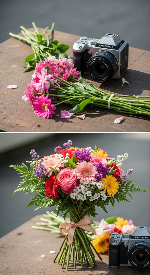 A picture of two halves. Some flowers on a table lying down, the same flowers standing up with a bow round them, beautifully displayed. Same flowers, different presentation, different service.