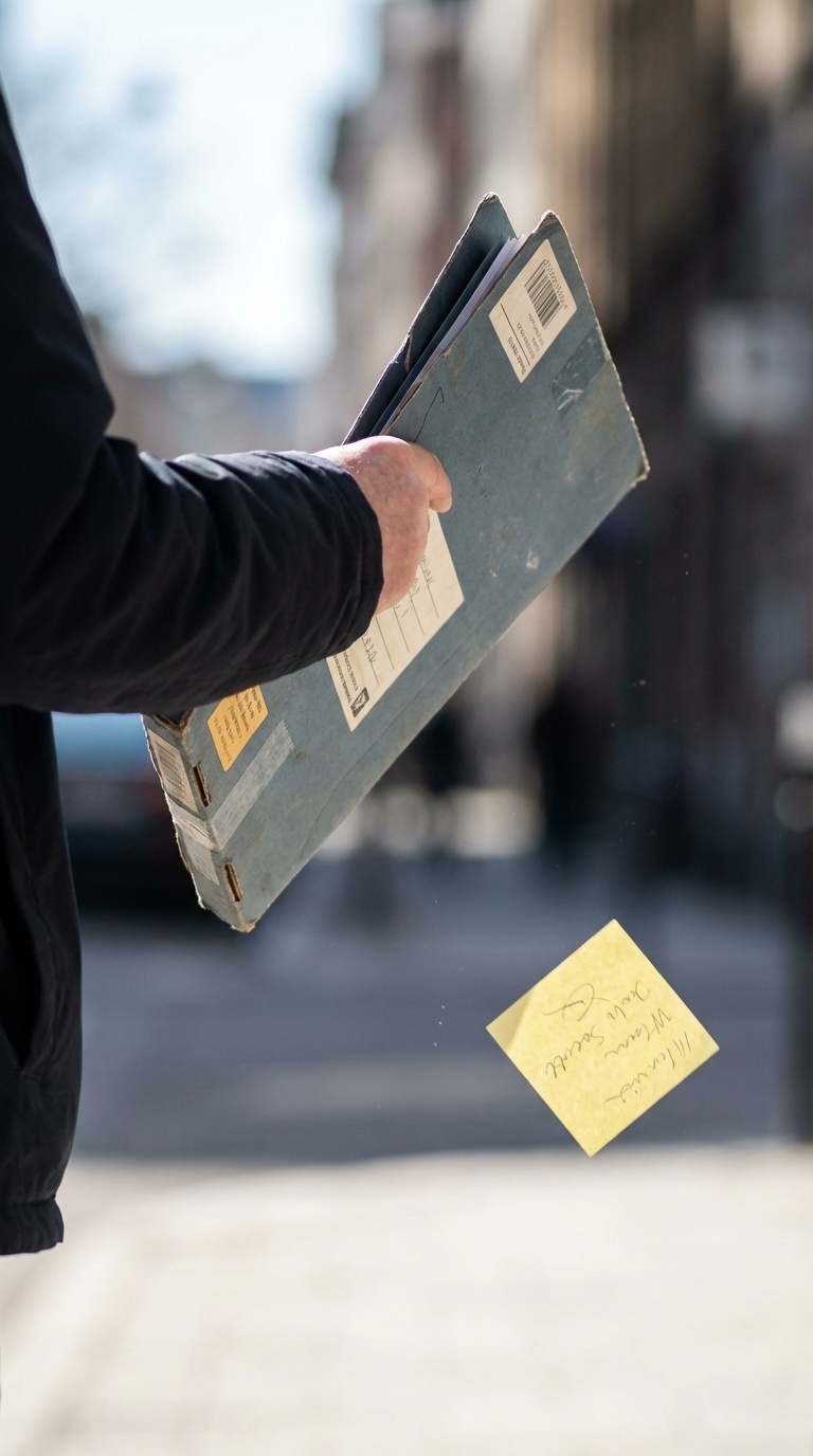 The falling post-it note: the document wallet is being carried, but the post-it note has fallen off the outside.