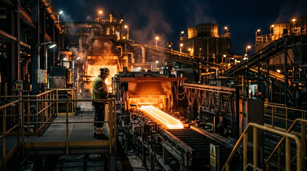 Modern industrial manufacturing line with molten material emerging from a furnace, representing high-temperature engineering and process systems.