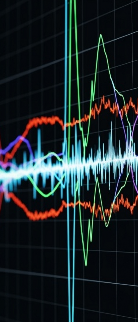 Oblique view of multi-channel oscilloscope traces.