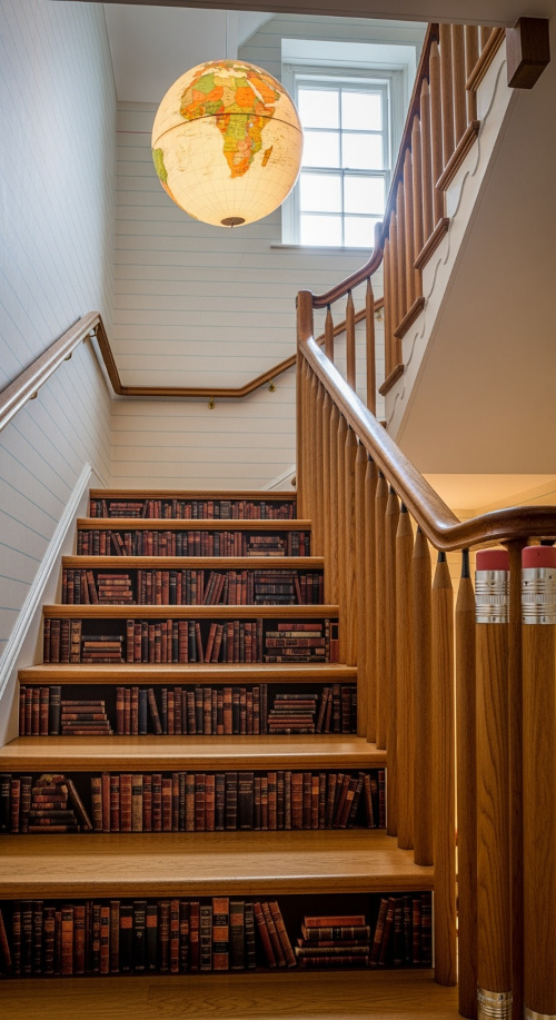 A staircase of books with faint-lined wallpaper and pencils as spindles on the stairway, overhung by an illuminated globe