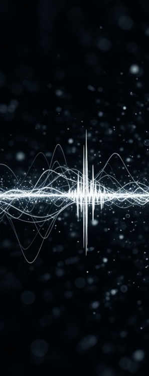 This is a stylized waveform with multiple faint waveforms in the background and mystical dots. Everything is white; the background is black.